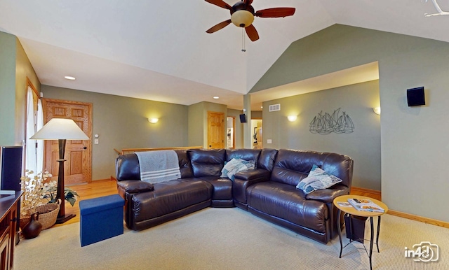 carpeted living area with a ceiling fan, baseboards, lofted ceiling, visible vents, and recessed lighting