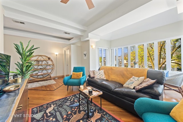 4041 N Kilbourn Ave Unit 2N, Chicago, IL 60641 - living room with baseboards, a ceiling fan, wood finished floors, and visible vents