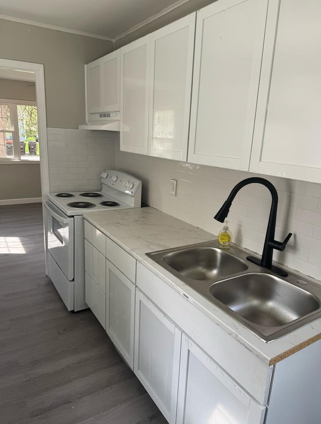 kitchen with white cabinetry, dark wood-style floors, a sink, and white electric range