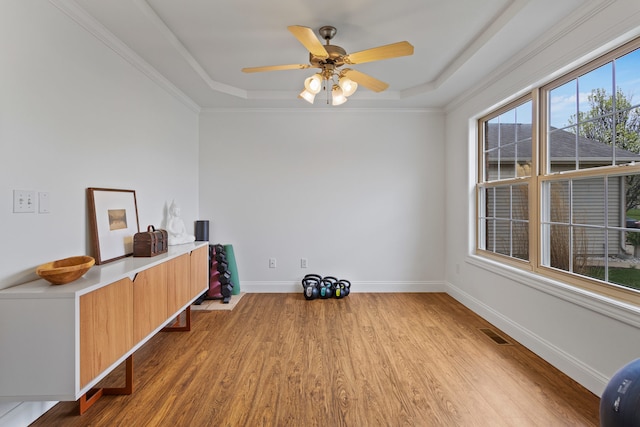 1318 Ridge Pointe Dr, Monticello, IL 61856 - interior space featuring baseboards, visible vents, light wood-style floors, and a raised ceiling