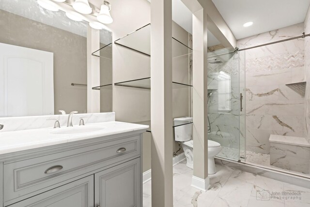 2015 N Woodlawn Park Ave, Mchenry, IL 60051 - full bathroom featuring vanity, recessed lighting, toilet, a marble finish shower, and marble finish floor
