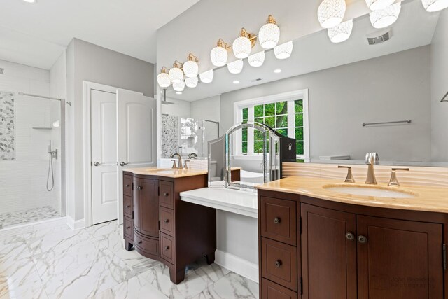 2015 N Woodlawn Park Ave, Mchenry, IL 60051 - bathroom featuring a stall shower, two vanities, a sink, and visible vents