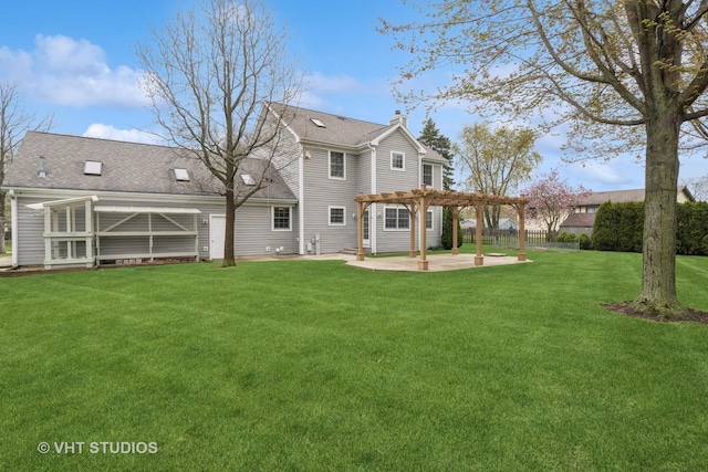 3625 Johns Manville Ave, Gurnee, IL 60031 - back of house featuring a pergola, a chimney, a shingled roof, a patio area, and a yard