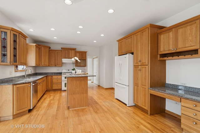 3625 Johns Manville Ave, Gurnee, IL 60031 - kitchen with a kitchen island, white appliances, recessed lighting, a sink, and light wood finished floors