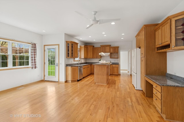 3625 Johns Manville Ave, Gurnee, IL 60031 - kitchen with stainless steel dishwasher, freestanding refrigerator, a center island, under cabinet range hood, and a sink