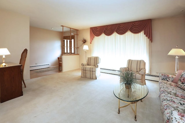 living area with carpet floors and a baseboard radiator