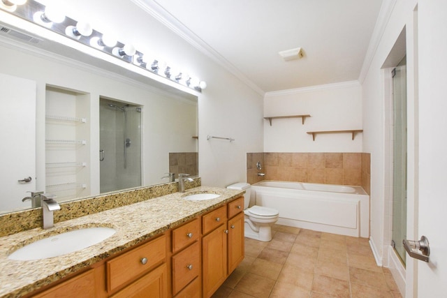 2317 W Wolfram St Unit 211, Chicago, IL 60618 - full bathroom with crown molding, a stall shower, double vanity, toilet, and a bath