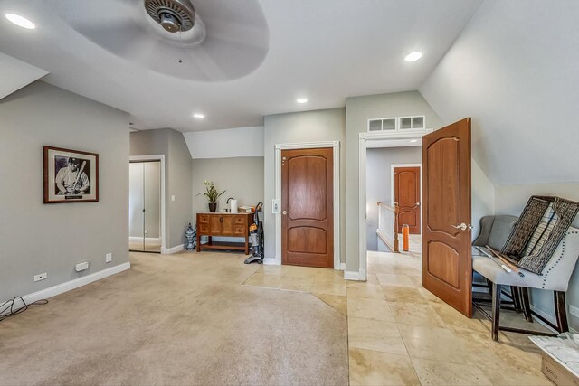 105 Fuller Rd, Hinsdale, IL 60521 - interior space with ceiling fan, visible vents, vaulted ceiling, recessed lighting, and baseboards