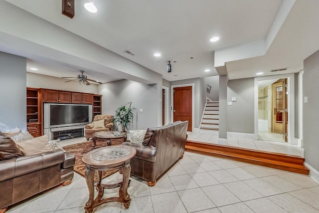 105 Fuller Rd, Hinsdale, IL 60521 - living area featuring ceiling fan, visible vents, recessed lighting, stairway, and light tile patterned flooring