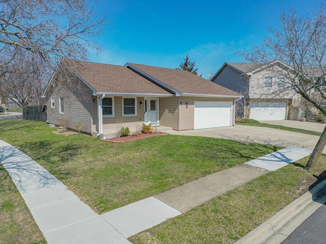 view of front facade featuring concrete driveway, an attached garage, roof with shingles, and a front lawn