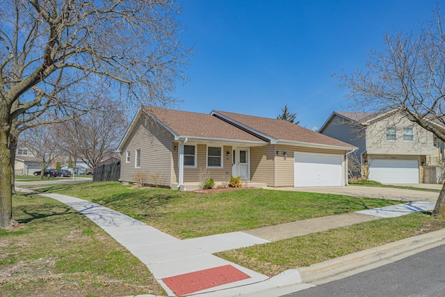view of front of property with concrete driveway, a front lawn, roof with shingles, and a garage