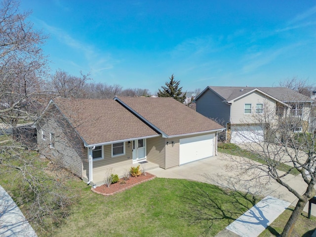 ranch-style home with a shingled roof, driveway, and a front yard