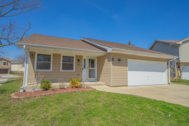 ranch-style home featuring concrete driveway, a front yard, covered porch, and a garage