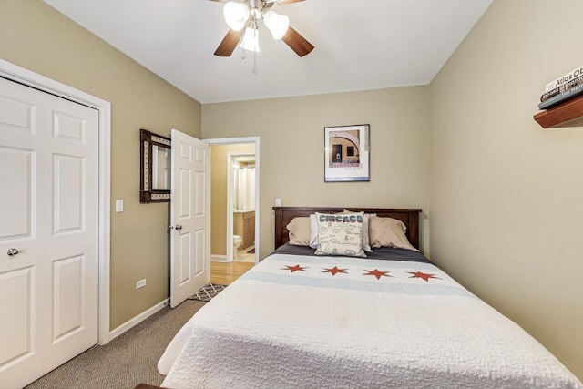 4860 N Kenmore Ave Unit 4S, Chicago, IL 60640 - bedroom with carpet floors, baseboards, ceiling fan, and ensuite bathroom