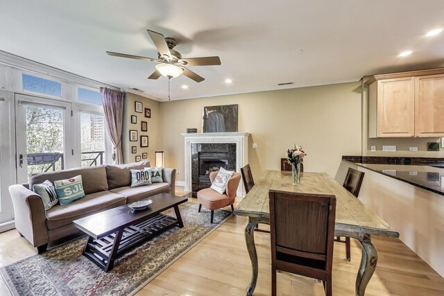 4860 N Kenmore Ave Unit 4S, Chicago, IL 60640 - living area featuring ceiling fan, a high end fireplace, light wood-style floors, recessed lighting, and ornamental molding