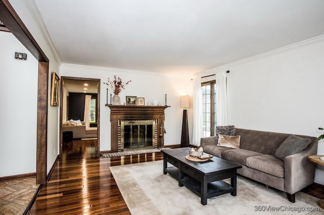 304 Polo Ln, Oak Brook, IL 60523 - living area featuring crown molding, wood-type flooring, a fireplace, and baseboards