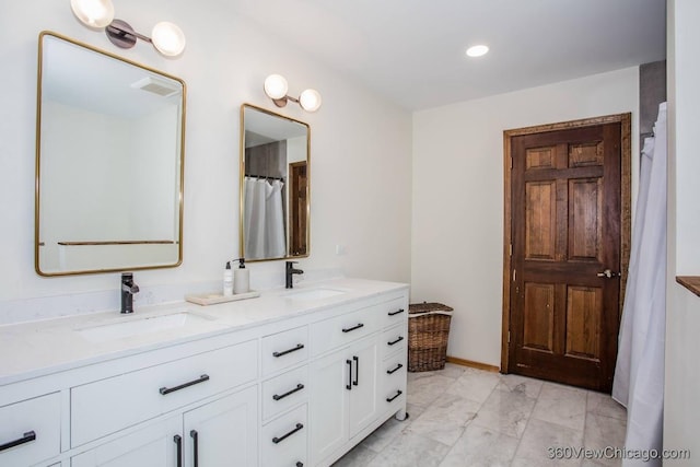 304 Polo Ln, Oak Brook, IL 60523 - full bathroom with marble look tiles, double vanity, and recessed lighting