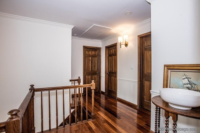 304 Polo Ln, Oak Brook, IL 60523 - hallway with an upstairs landing, hardwood / wood-style flooring, crown molding, and baseboards