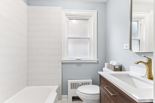 full bath featuring toilet, radiator heating unit, shower / tub combination, and vanity