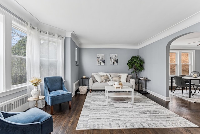 living room featuring dark wood-style floors, arched walkways, and ornamental molding