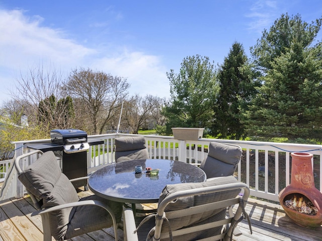 wooden deck with grilling area and outdoor dining area