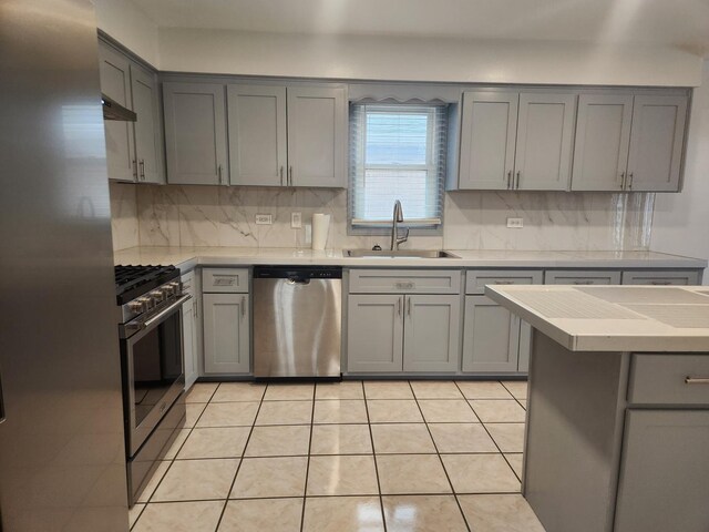11723 S S Ave J, Chicago, IL 60617 - kitchen featuring gray cabinets, light countertops, backsplash, appliances with stainless steel finishes, and a sink