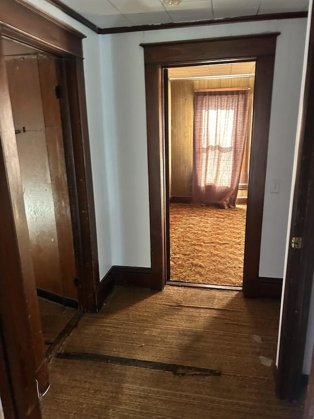 corridor featuring hardwood / wood-style floors, crown molding, and baseboards