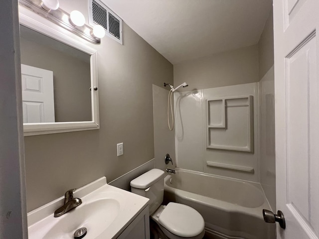 full bath with vanity, toilet, shower / tub combination, and visible vents