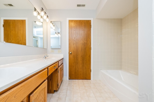 full bathroom with tile patterned floors, visible vents, a sink, and double vanity