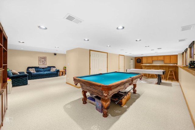 game room with billiards, light carpet, recessed lighting, and visible vents