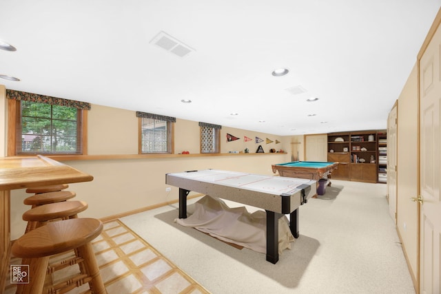 playroom with recessed lighting, pool table, visible vents, and baseboards