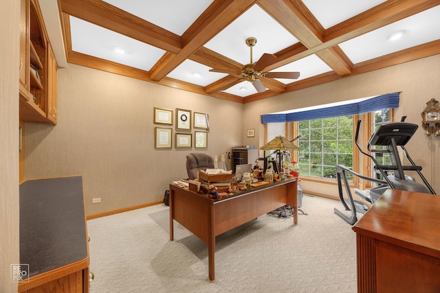 office area featuring a ceiling fan, beamed ceiling, and light colored carpet