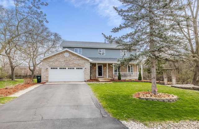 8001 William Dr, Willowbrook, IL 60527 - traditional-style home featuring a porch, a garage, a front lawn, driveway, and roof with shingles
