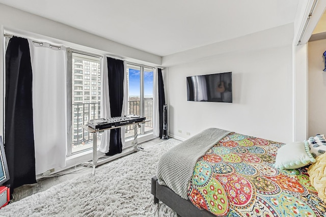 bedroom featuring baseboards, access to exterior, and wood finished floors