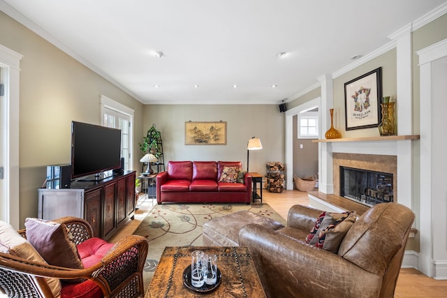 7968 Iowa St, River Forest, IL 60305 - living room featuring a premium fireplace, recessed lighting, light wood-style floors, and ornamental molding