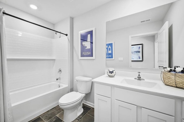full bath with visible vents, baseboards, toilet, shower / bath combination, and vanity