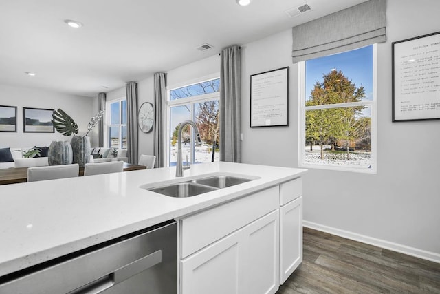 kitchen with stainless steel dishwasher, dark wood finished floors, white cabinets, visible vents, and a sink