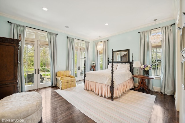494 Sheridan Rd, Glencoe, IL 60022 - bedroom with crown molding, an inviting chandelier, dark wood-style flooring, access to exterior, and french doors