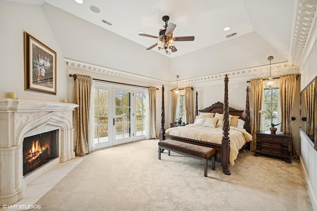 494 Sheridan Rd, Glencoe, IL 60022 - bedroom featuring access to outside, carpet flooring, a fireplace with flush hearth, and visible vents
