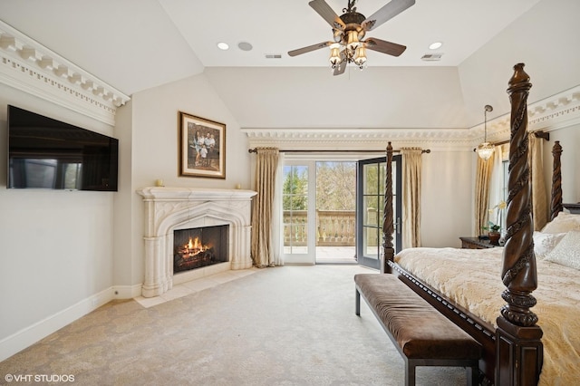 494 Sheridan Rd, Glencoe, IL 60022 - bedroom featuring carpet flooring, a premium fireplace, access to exterior, baseboards, and visible vents