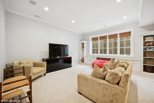 494 Sheridan Rd, Glencoe, IL 60022 - living area with visible vents, crown molding, light colored carpet, baseboards, and recessed lighting