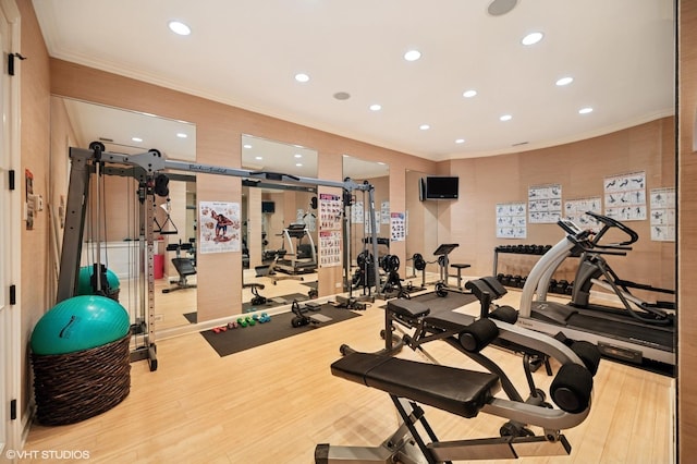 494 Sheridan Rd, Glencoe, IL 60022 - workout area with crown molding, recessed lighting, and wood finished floors