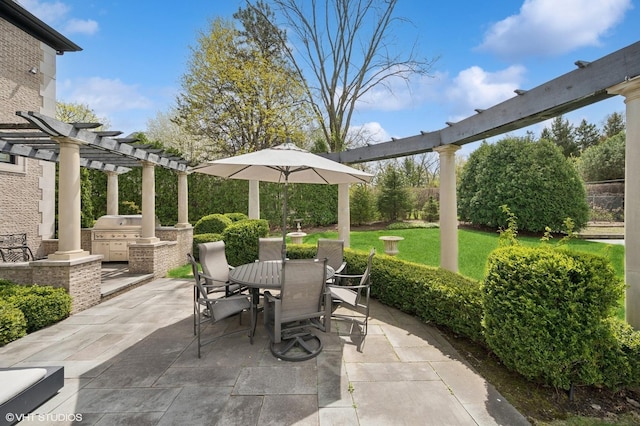 494 Sheridan Rd, Glencoe, IL 60022 - view of patio featuring outdoor dining space, a pergola, a grill, and an outdoor kitchen