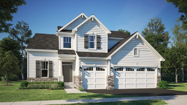 craftsman-style house with a front lawn, a shingled roof, stone siding, and aphalt driveway