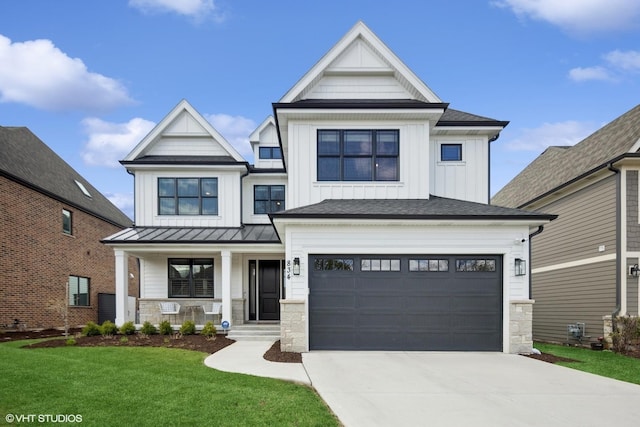 modern farmhouse style home with board and batten siding, driveway, a porch, and roof with shingles