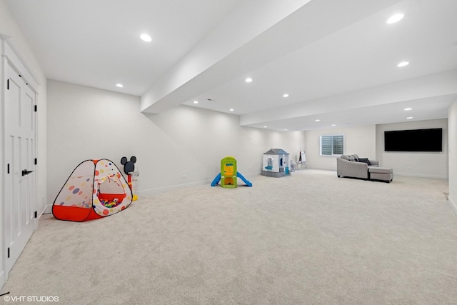 rec room featuring baseboards, carpet flooring, and recessed lighting