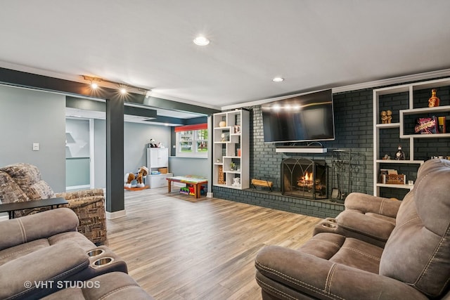 403 E Amherst St, Palatine, IL 60074 - living room with a brick fireplace, recessed lighting, crown molding, and wood finished floors