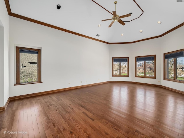 14320 Claridge Ct, Orland Park, IL 60462 - empty room with crown molding, wood finished floors, ceiling fan, and visible vents