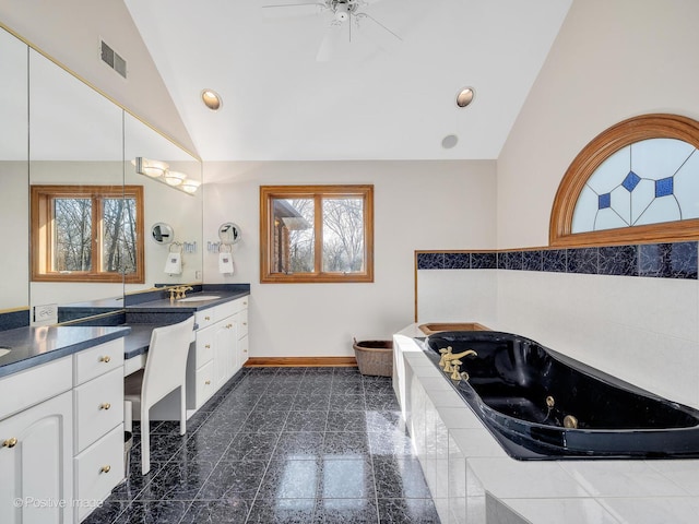 14320 Claridge Ct, Orland Park, IL 60462 - full bathroom featuring vanity, visible vents, vaulted ceiling, and a wealth of natural light