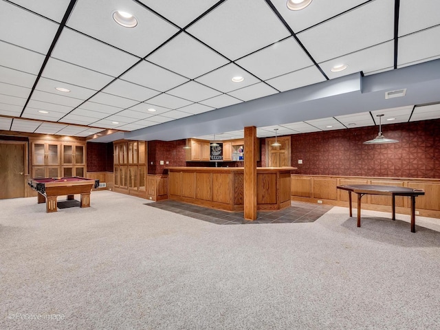 14320 Claridge Ct, Orland Park, IL 60462 - recreation room with pool table, bar area, visible vents, carpet floors, and wallpapered walls